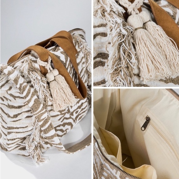 White & Taupe Tiger Print Motif Shoulder Bag - Picture 6 of 10